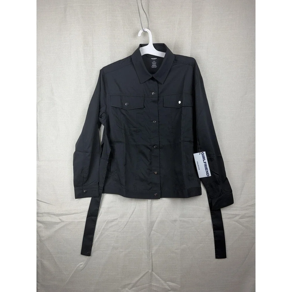 Girlfriend Collective Jacket Womens Small Black Belted Snap Front Lightweight‎